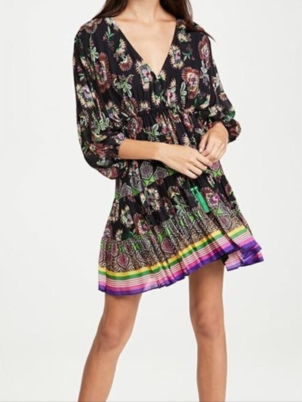 ALEXIS Holli Tapestry Floral Print Boho Peasant Mini Dress w/Tassle Ties, EUC!